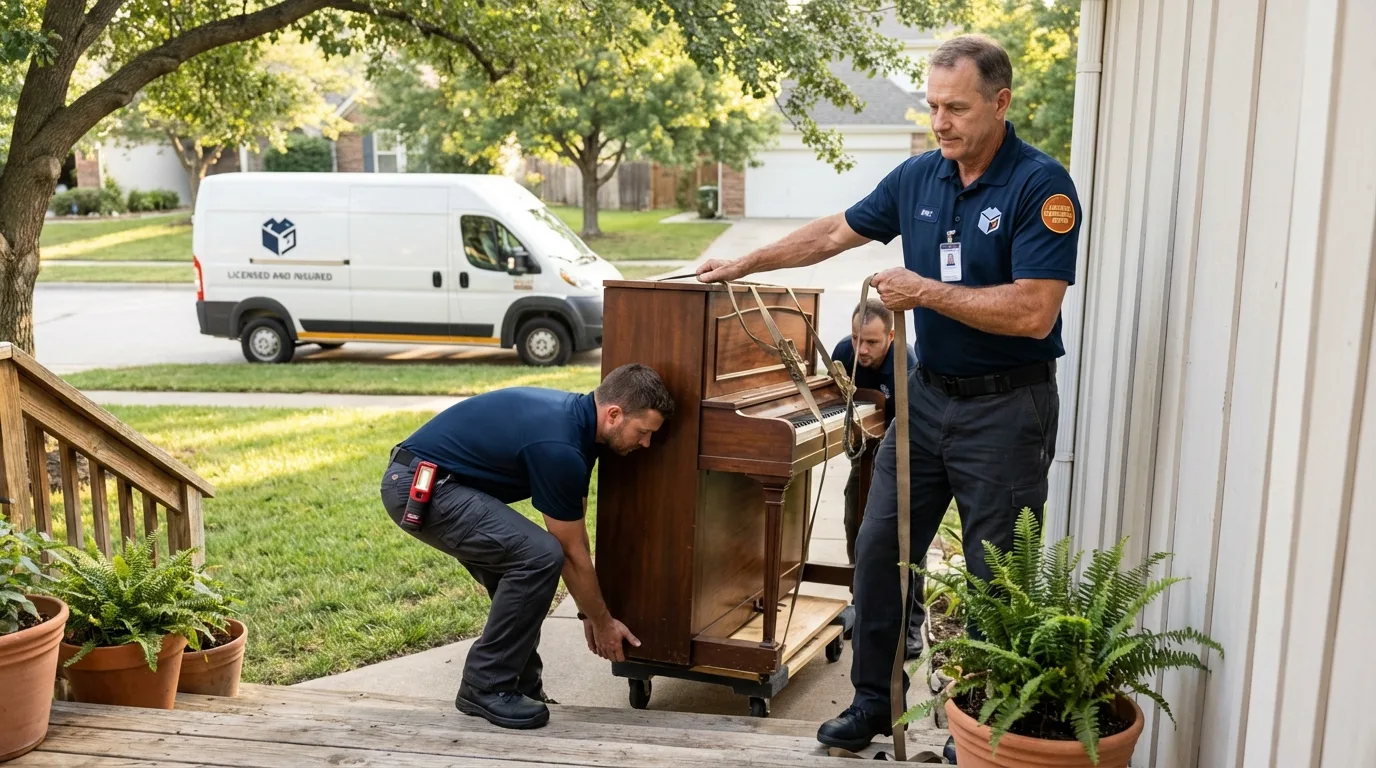 Licensed piano movers securing grand piano in Machesney Park, IL