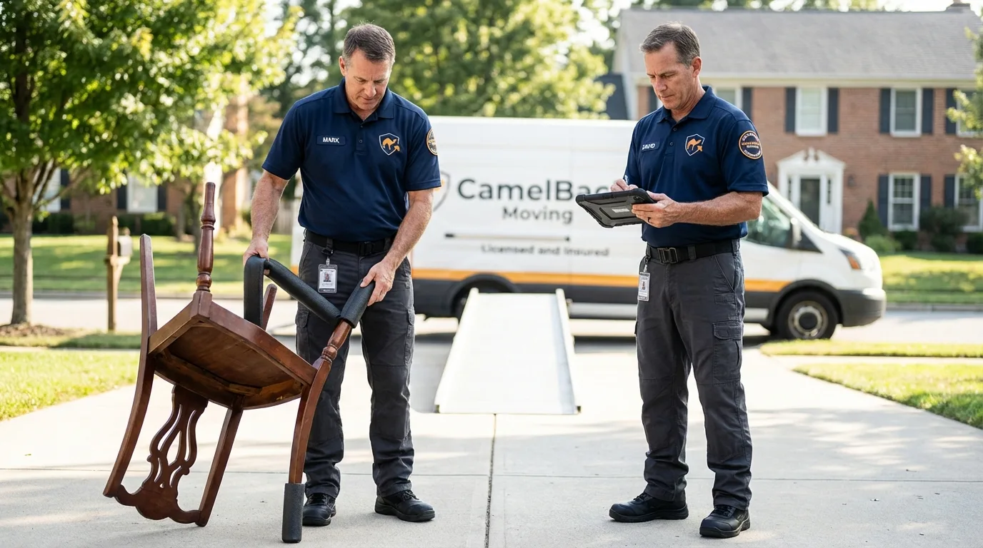 Movers inspecting furniture for damage prevention before loading in Machesney Park, IL