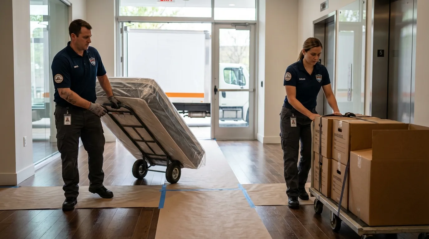Professional apartment movers loading elevator in Machesney Park, IL