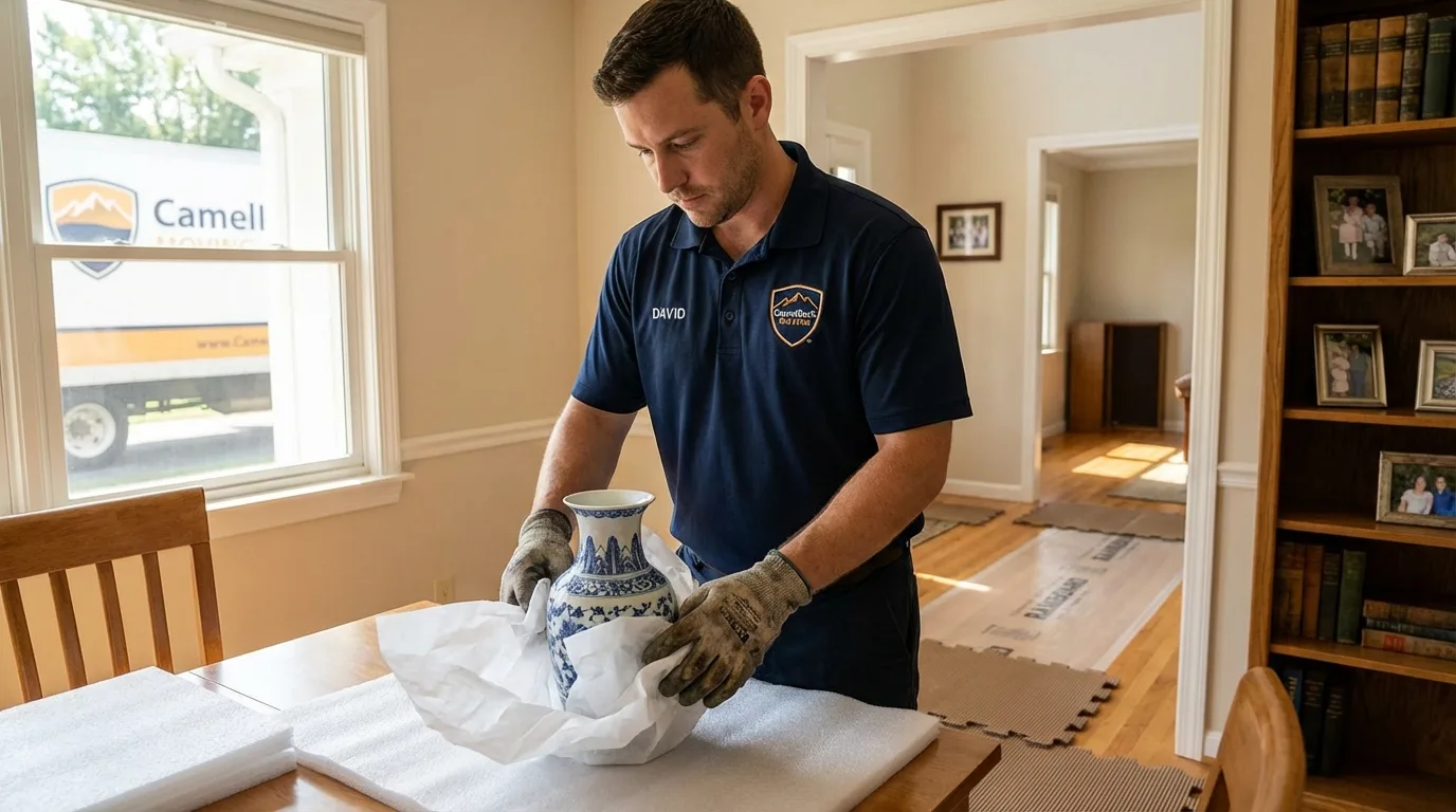 Professional crew carefully wrapping antique vase for senior downsizing move in Machesney Park, IL